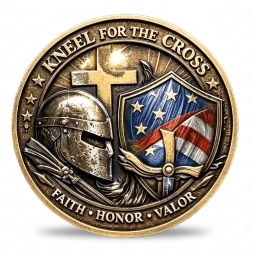 Kneel for the Cross Faith Honor Valor crusader helmet golden cross American shield commemorative collectible coin patriotic Christian collectible token

