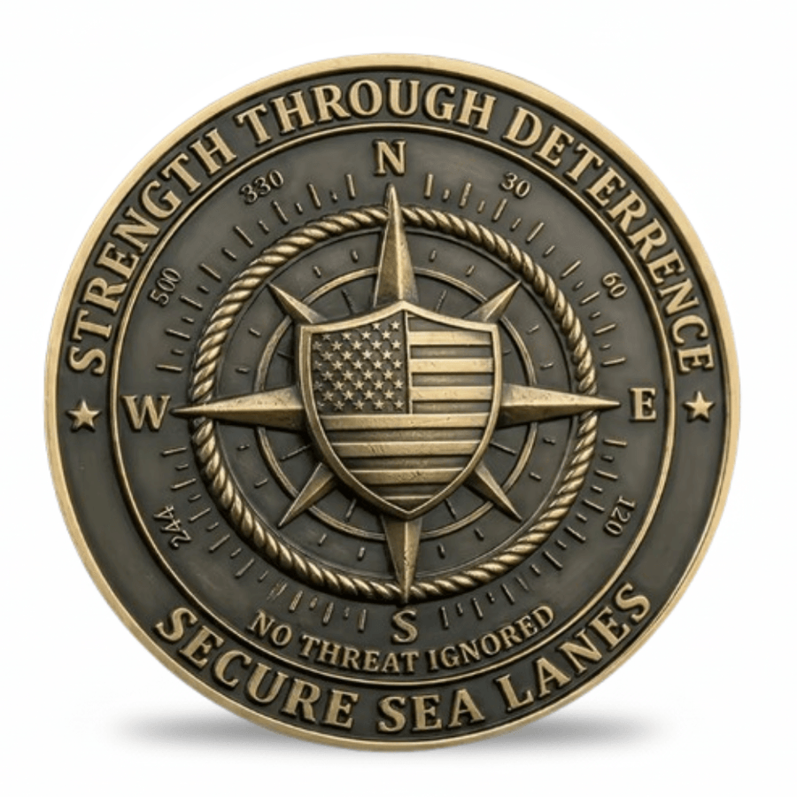 A round bronze-toned commemorative coin featuring a compass rose, shield with the American flag, and the text 'STRENGTH THROUGH DETERRENCE' and 'SECURE SEA LANES' on a white background.