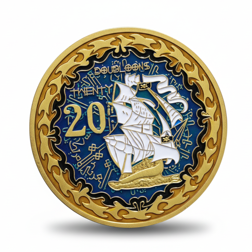 Decorative coin with gold and blue design featuring a ship and 'Dobloons Twenty' text.