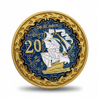 Decorative coin with gold and blue design featuring a ship and 'Dobloons Twenty' text.