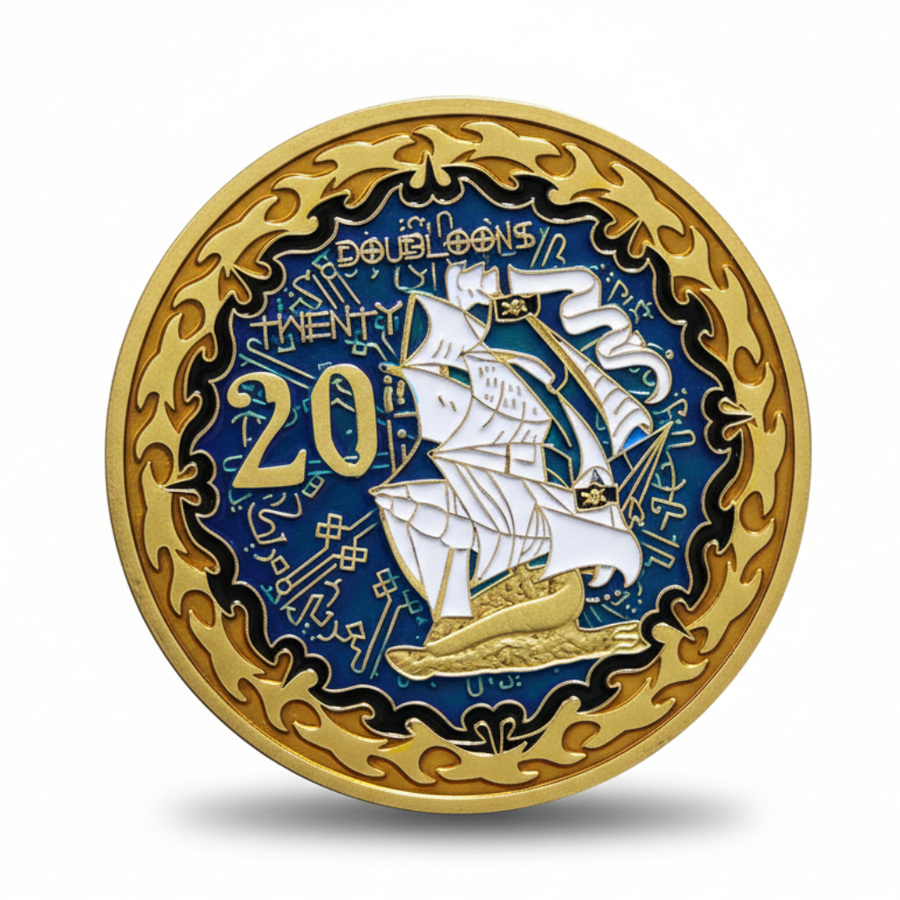Decorative coin with gold and blue design featuring a ship and 'Dobloons Twenty' text.