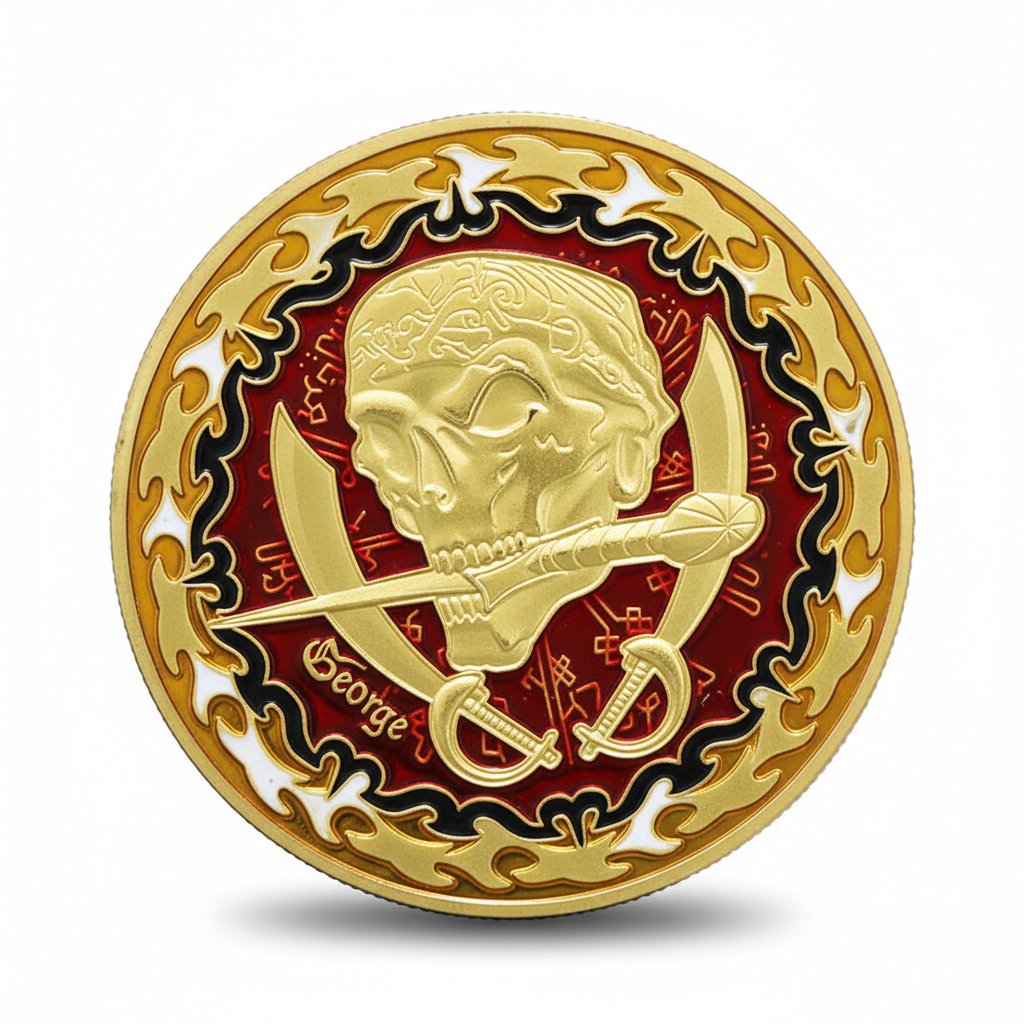 Swashbuckling pirate skull coin with crossed cutlass swords red enamel nautical collectible available at One More Coin store
