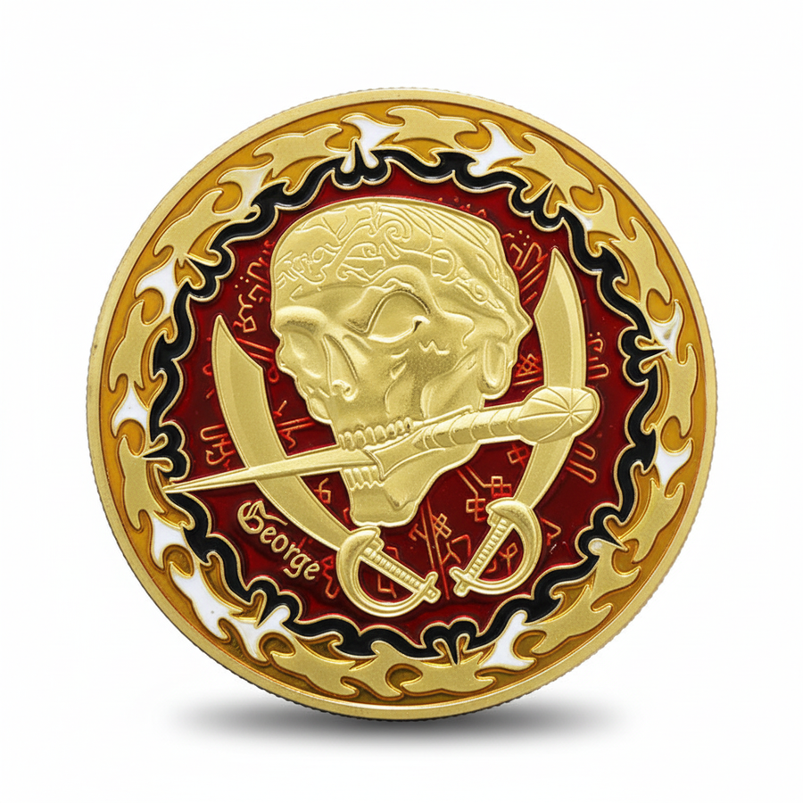 Swashbuckling pirate skull coin with crossed cutlass swords red enamel nautical collectible available at One More Coin store
