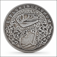 T-Rex skull coin with baroque scrollwork and Latin inscription carved paleontology art available at One More Coin store
