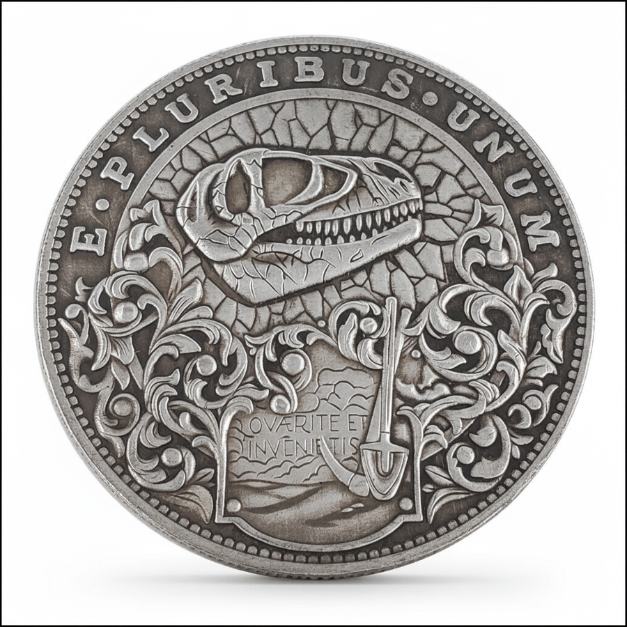 T-Rex skull coin with baroque scrollwork and Latin inscription carved paleontology art available at One More Coin store
