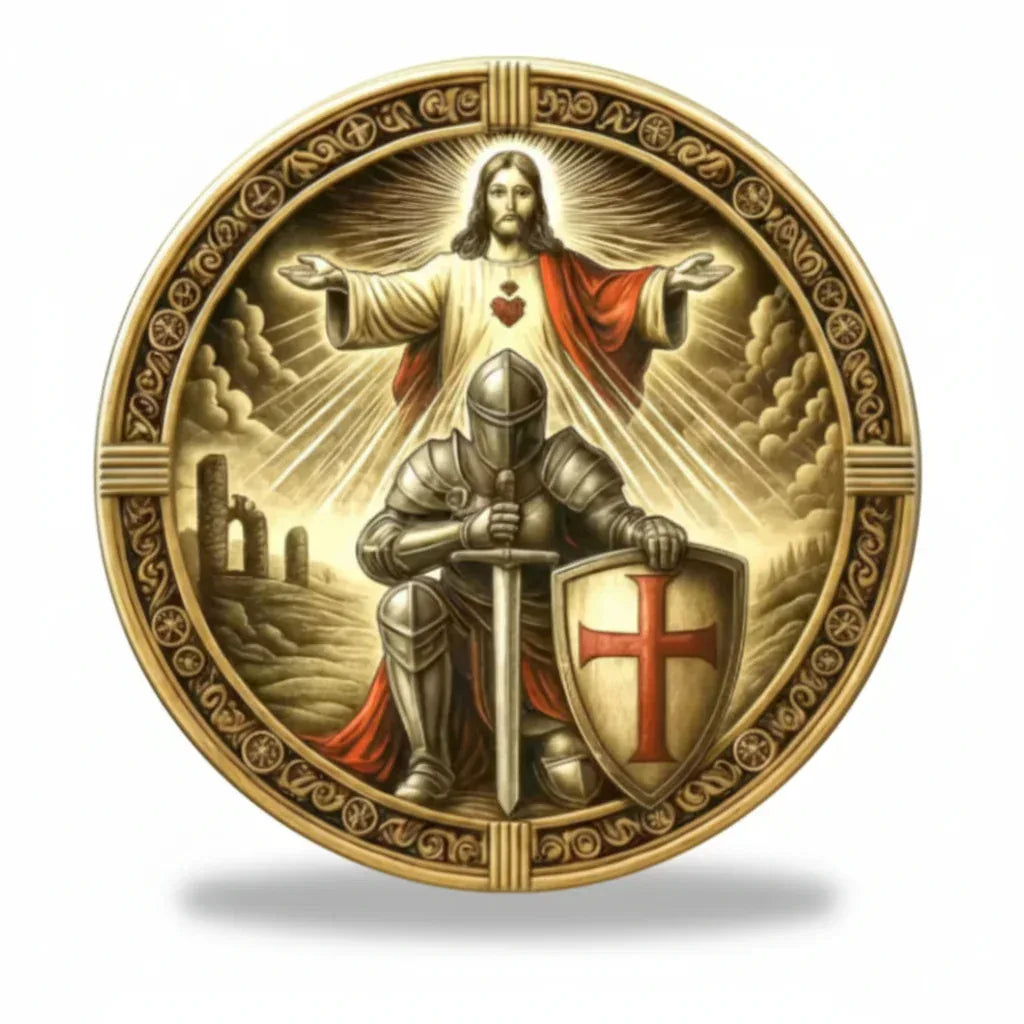 Templar Knight Armor of God commemorative collectible coin Jesus Christ sacred heart Knights Templar cross shield religious collectible token available at One More Coin store
