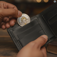 The Good Shepherd Psalm 23 commemorative collectible coin placed into worn black leather wallet beside open Bible devotional faith gift collectible token
