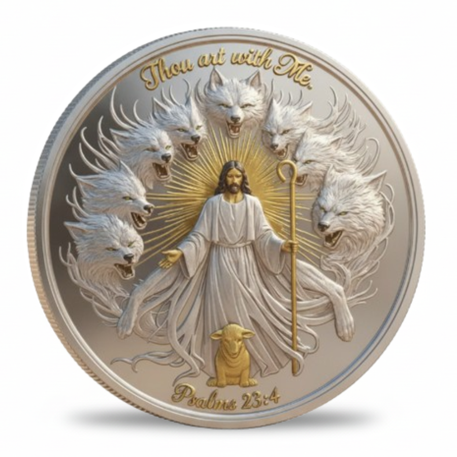 The Good Shepherd Psalm 23 commemorative collectible coin Jesus Christ with wolves and lamb thou art with me Psalms 23:4 available at One More Coin store
