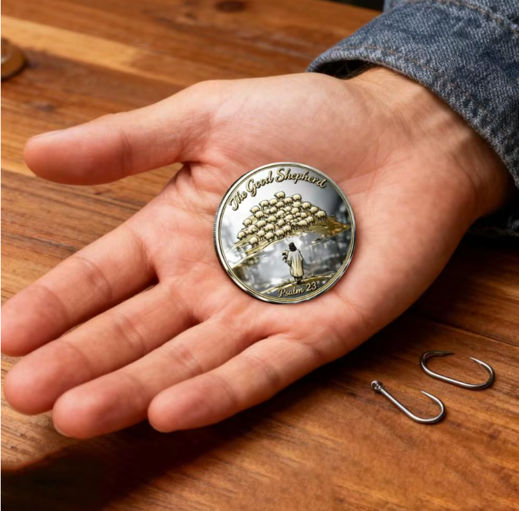 The Good Shepherd Psalm 23 commemorative collectible coin resting in open palm on wooden table with silver cross necklace faith gift collectible token
