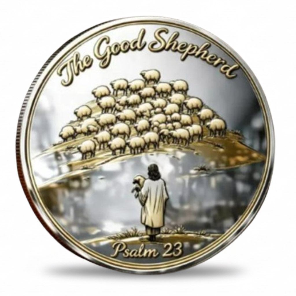 The Good Shepherd Psalm 23 commemorative collectible coin shepherd holding lamb overlooking flock on golden hillside spiritual faith collectible token
