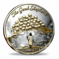 The Good Shepherd Psalm 23 commemorative collectible coin shepherd holding lamb overlooking flock on golden hillside spiritual faith collectible token
