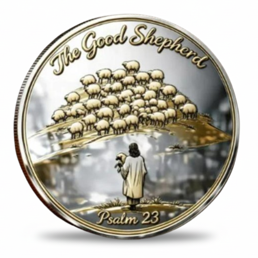 The Good Shepherd Psalm 23 commemorative collectible coin shepherd holding lamb overlooking flock on golden hillside spiritual faith collectible token
