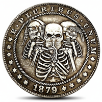Three skulls hobo coin with hear speak see no evil skeletons and ribcages 1879 carved gothic wisdom art available at One More Coin store
