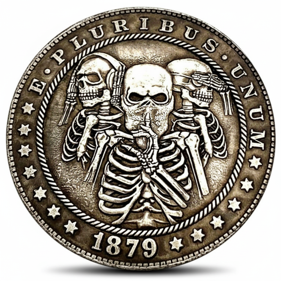 Three skulls hobo coin with hear speak see no evil skeletons and ribcages 1879 carved gothic wisdom art available at One More Coin store
