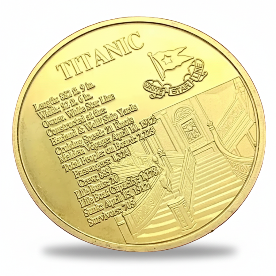 Titanic commemorative coin reverse featuring White Star Line flag, voyage details, construction specifications, maiden voyage date April 10 1912, and deck interior view