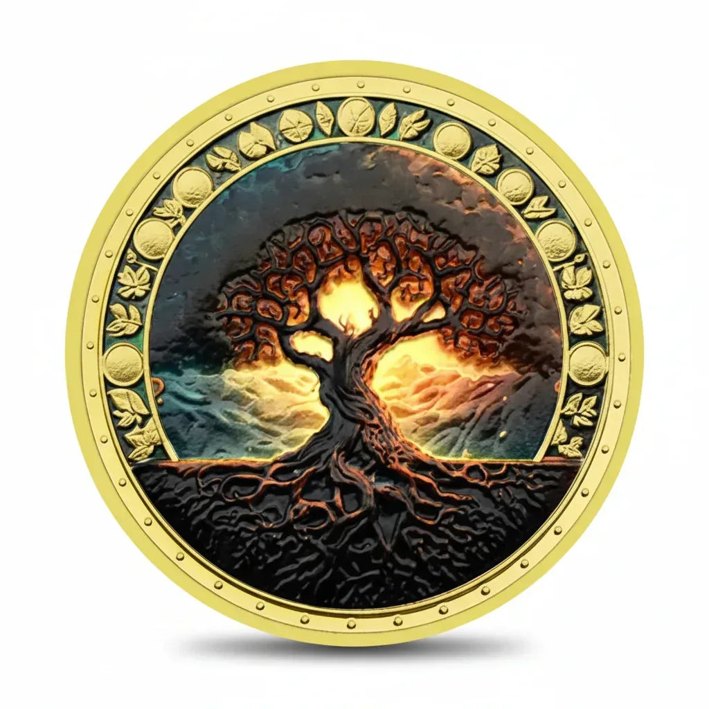 Gold Tree of Life coin with sunset scene showing intricate branches and roots on dark background
