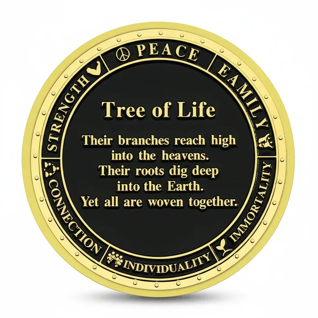 Gold Tree of Life coin reverse with inspirational message and words Peace Family Love Strength
