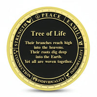 Gold Tree of Life coin reverse with inspirational message and words Peace Family Love Strength
