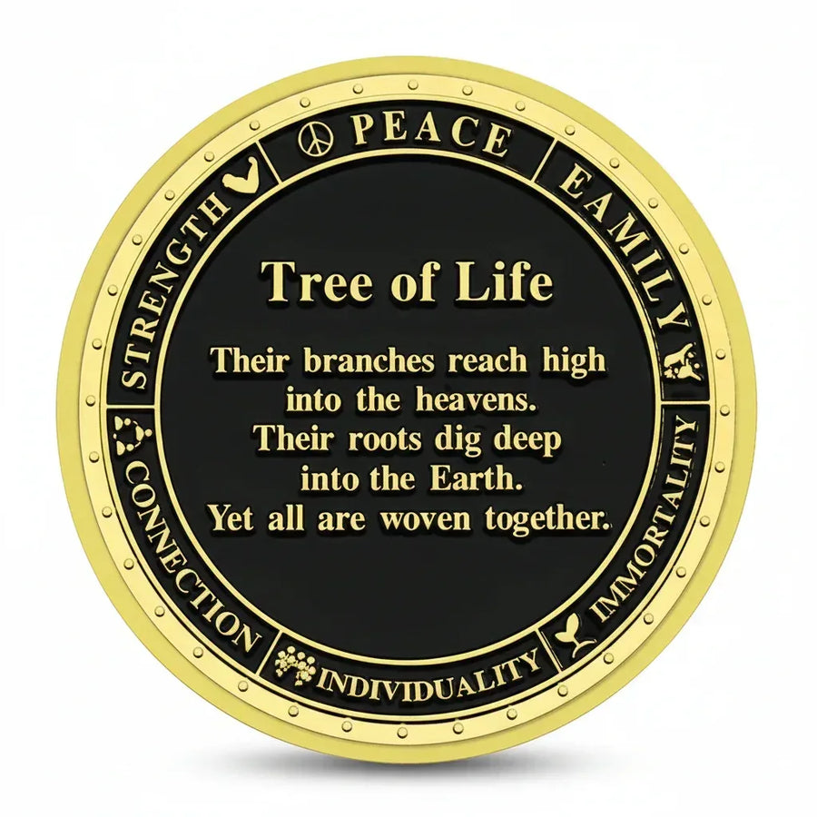 Gold Tree of Life coin reverse with inspirational message and words Peace Family Love Strength
