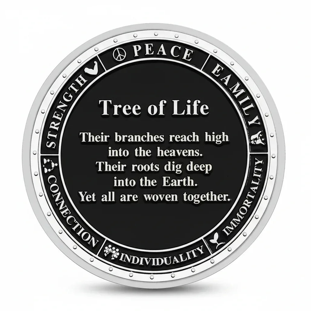 Silver Tree of Life coin reverse with inspirational message and words Peace Family Love Strength
