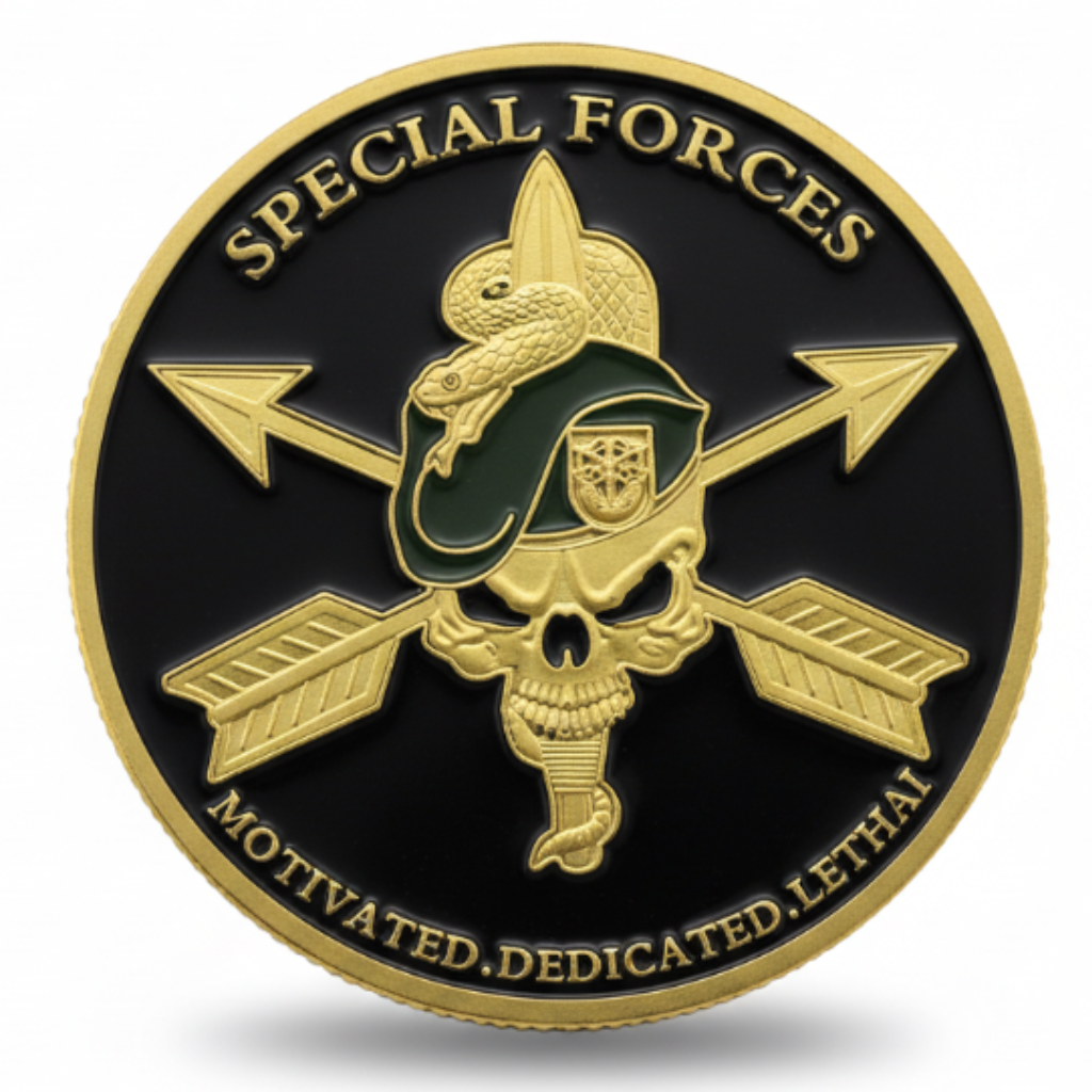 US Special Forces commemorative coin Green Berets skull De Oppresso Liber crossed arrows US Army special forces military collectible token available at One More Coin store

