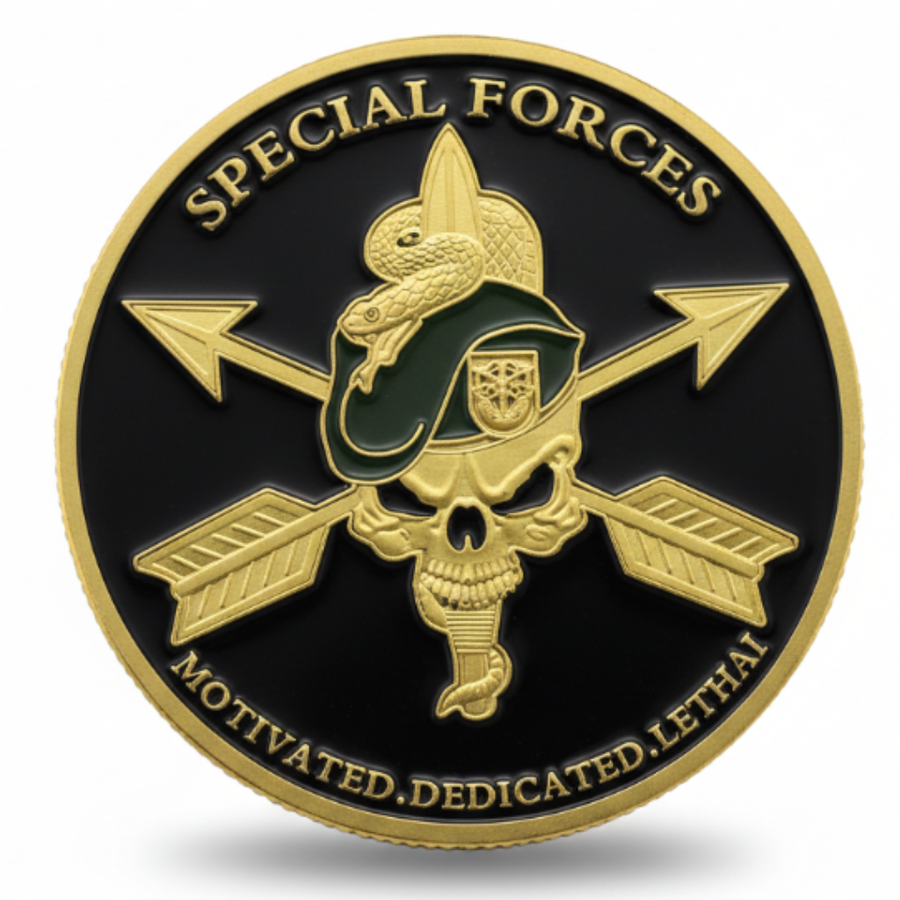 US Special Forces commemorative coin Green Berets skull De Oppresso Liber crossed arrows US Army special forces military collectible token available at One More Coin store
