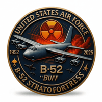 A circular commemorative coin featuring a B-52 aircraft, the text 'UNITED STATES AIR FORCE,' 'B-52 STRATO FORTRESS,' '1952,' and '2025,' plus a radiation symbol. The design is shown on a plain white background with a soft shadow underneath. Available at one more coin store