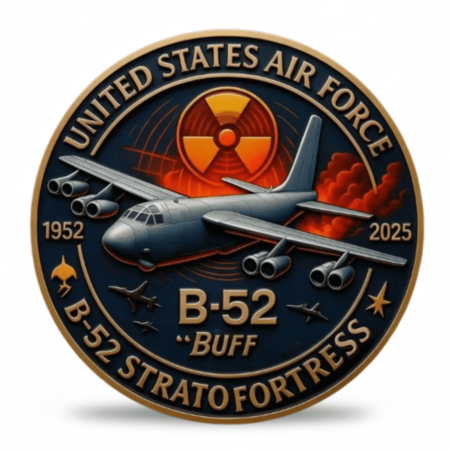 A circular commemorative coin featuring a B-52 aircraft, the text 'UNITED STATES AIR FORCE,' 'B-52 STRATO FORTRESS,' '1952,' and '2025,' plus a radiation symbol. The design is shown on a plain white background with a soft shadow underneath. Available at one more coin store