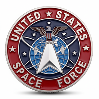 Silver collectible coin featuring official Space Force emblem with eagle wings, blue globe, white delta symbol, red border with United States Space Force text and stars, 40mm military coin
