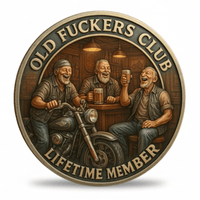 Old Fuckers Club Lifetime Member novelty biker coin antique bronze three bikers laughing in pub with Harley chopper funny gift for him available at One More Coin store
