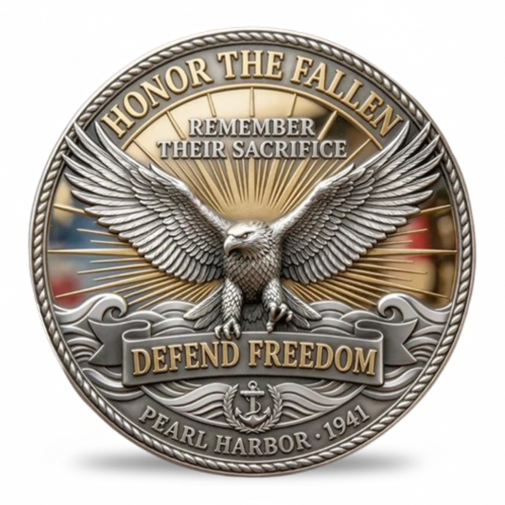 A round commemorative coin featuring an eagle with outstretched wings, the text 'HONOR THE FALLEN', 'REMEMBER THEIR SACRIFICE', and 'DEFEND FREEDOM', with 'PEARL HARBOR - 1941' along the bottom. The design uses metallic silver and gold tones with a rope-style border on a white background. Available at one more coin store