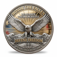 A round commemorative coin featuring an eagle with outstretched wings, the text 'HONOR THE FALLEN', 'REMEMBER THEIR SACRIFICE', and 'DEFEND FREEDOM', with 'PEARL HARBOR - 1941' along the bottom. The design uses metallic silver and gold tones with a rope-style border on a white background. Available at one more coin store