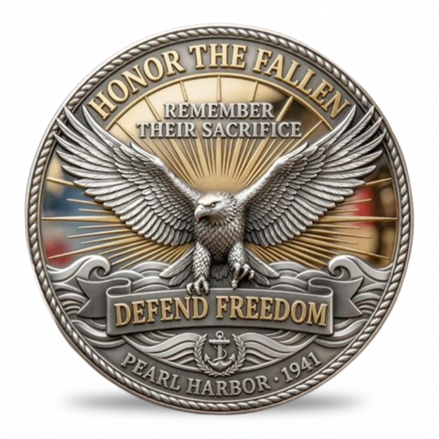 A round commemorative coin featuring an eagle with outstretched wings, the text 'HONOR THE FALLEN', 'REMEMBER THEIR SACRIFICE', and 'DEFEND FREEDOM', with 'PEARL HARBOR - 1941' along the bottom. The design uses metallic silver and gold tones with a rope-style border on a white background. Available at one more coin store