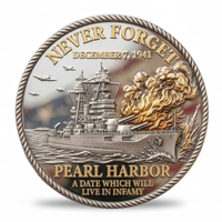 A round commemorative coin with a rope-textured border, featuring a detailed illustration of a Pearl Harbor battleship with flames, smoke, planes, and the text 'NEVER FORGET', 'DECEMBER 7, 1941', and 'PEARL HARBOR A DATE WHICH WILL LIVE IN INFAMY'.