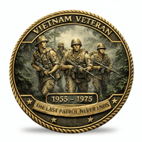A circular bronze-toned commemorative coin with four Vietnam War veterans in combat gear, with the text 'VIETNAM VETERAN' at the top, '1955 - 1975' in the center, and 'THE LAST PATROL NEVER ENDS' at the bottom. The piece is shown on a white background with a soft shadow underneath. Available at one more coin store.