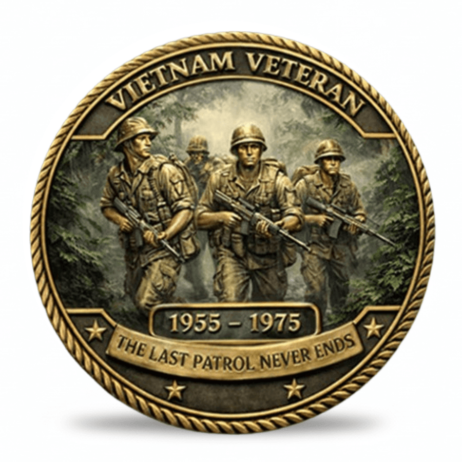 A circular bronze-toned commemorative coin with four Vietnam War veterans in combat gear, with the text 'VIETNAM VETERAN' at the top, '1955 - 1975' in the center, and 'THE LAST PATROL NEVER ENDS' at the bottom. The piece is shown on a white background with a soft shadow underneath. Available at one more coin store.