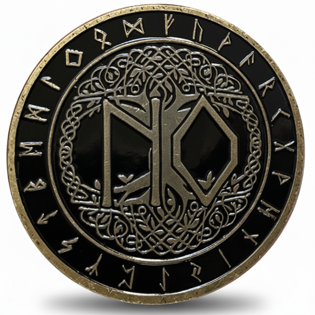 Premium 40mm Viking NO decision coin with runic inscriptions, Celtic knotwork border, black enamel face and gold rim on white background
