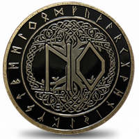 Premium 40mm Viking NO decision coin with runic inscriptions, Celtic knotwork border, black enamel face and gold rim on white background
