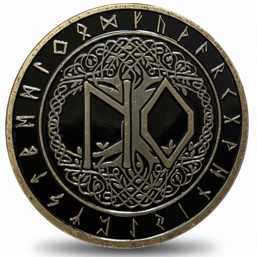 Premium 40mm Viking NO decision coin with runic inscriptions, Celtic knotwork border, black enamel face and gold rim on white background
