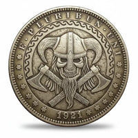 Viking skull hobo nickel coin collectible Morgan Dollar Norse warrior horned helmet battle axes silver-plated gift for collectors available at One More Coin store
