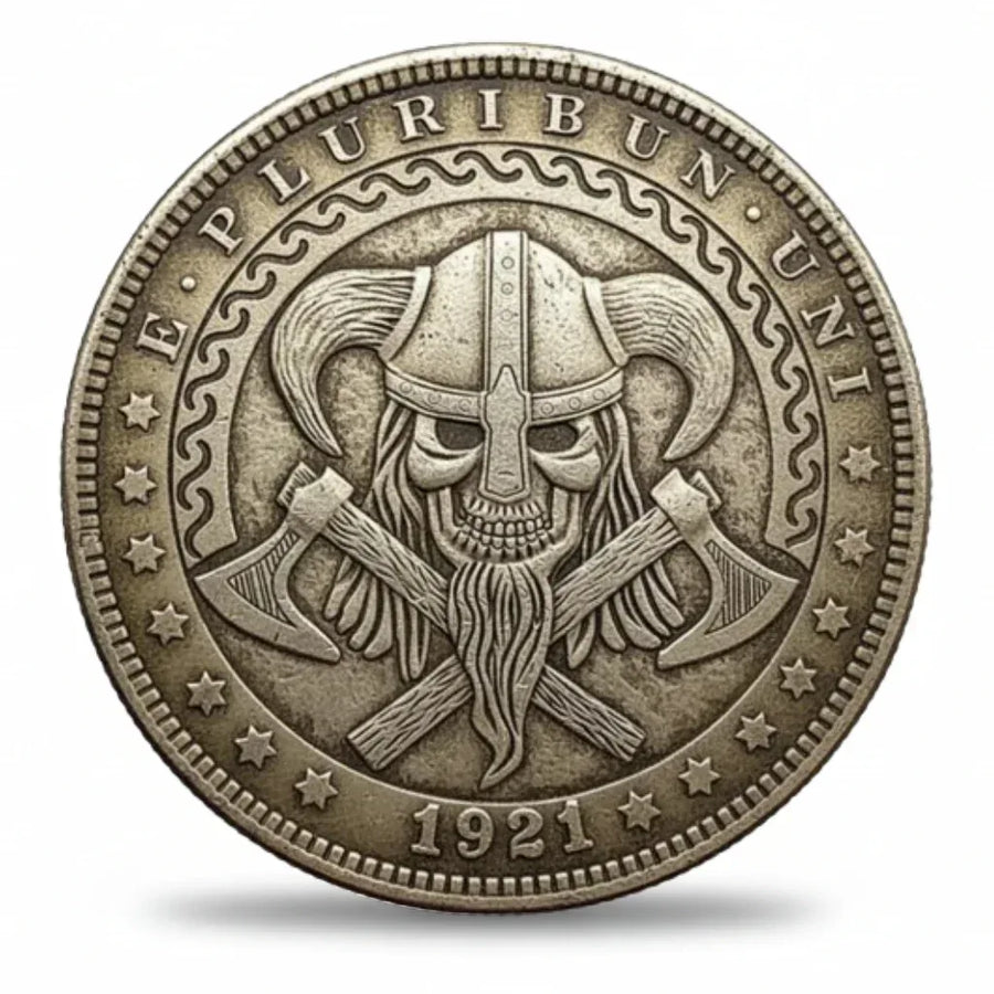 Viking skull hobo nickel coin collectible Morgan Dollar Norse warrior horned helmet battle axes silver-plated gift for collectors available at One More Coin store
