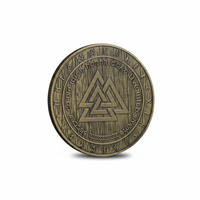 Iron Viking coin featuring Valknut symbol three interlocking triangles with Norse runes around edge