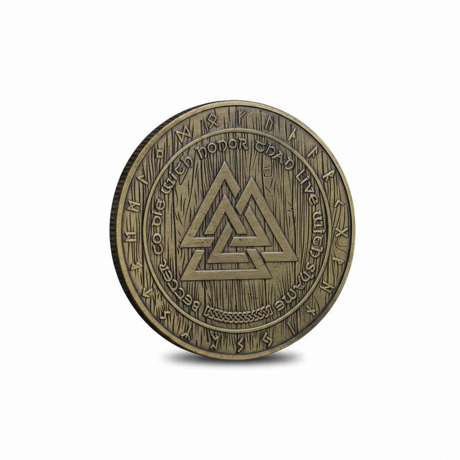 Iron Viking coin featuring Valknut symbol three interlocking triangles with Norse runes around edge
