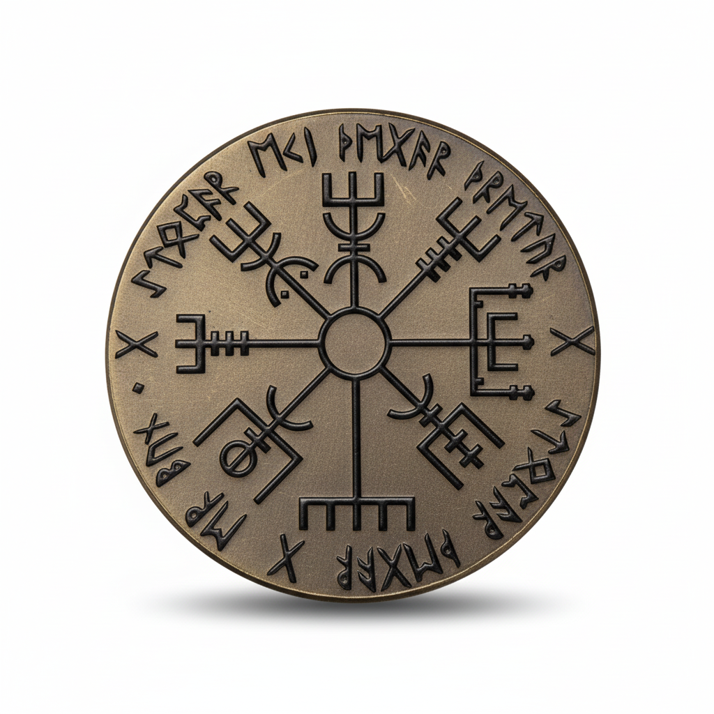 iron alloy Viking coin featuring Vegvisir compass symbol with Norse runes around edge