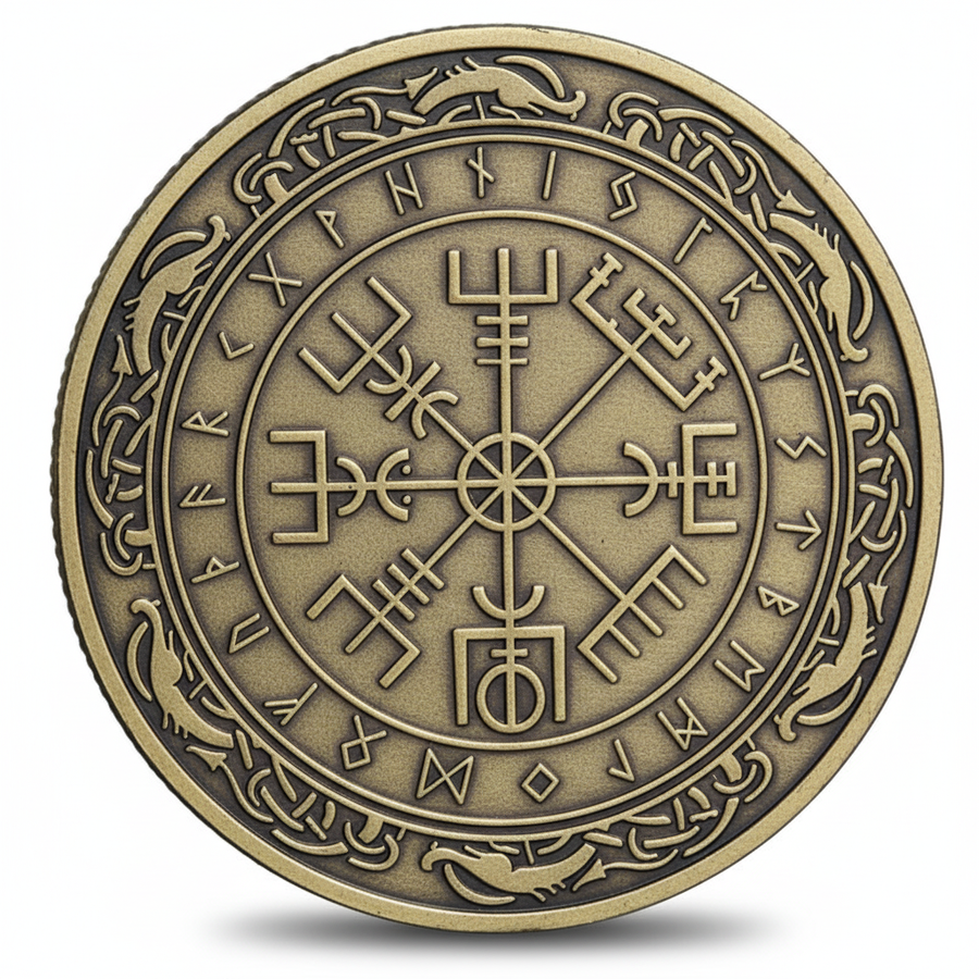 Viking Vegvisir compass coin commemorative collectible Norse wayfinder runic alphabet Celtic knotwork bronze navigation collectible token available at One More Coin store
