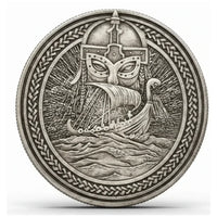 Viking warrior longship coin commemorative collectible Norse horned helmet ship waves Celtic knot border maritime collectible token available at One More Coin store
