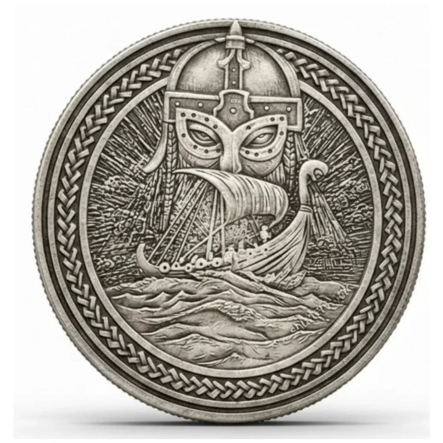 Viking warrior longship coin commemorative collectible Norse horned helmet ship waves Celtic knot border maritime collectible token available at One More Coin store
