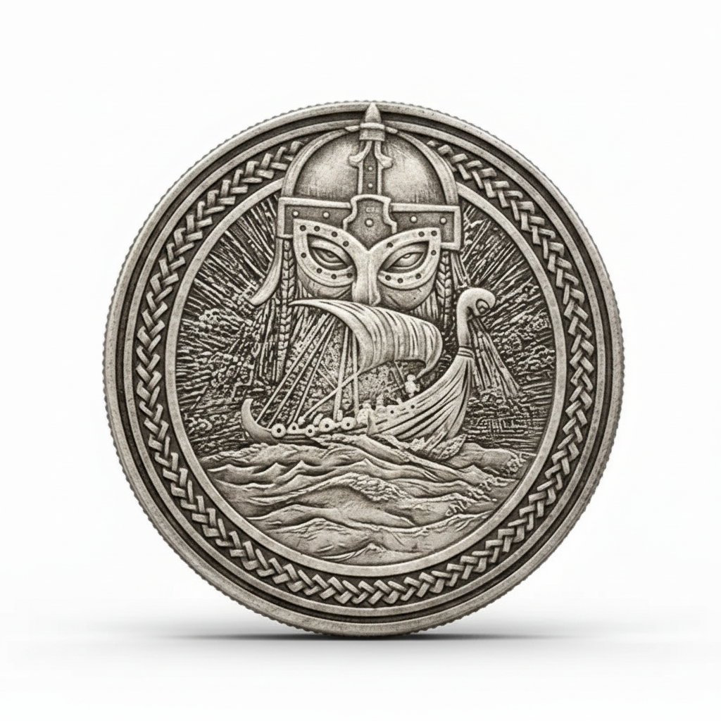 Viking warrior longship coin collectible Norse seafaring horned helmet Celtic knot maritime silver-plated gift for collectors available at One More Coin store
