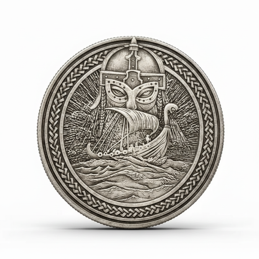 Viking warrior longship coin collectible Norse seafaring horned helmet Celtic knot maritime silver-plated gift for collectors available at One More Coin store
