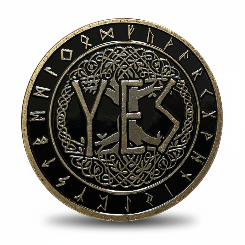 Viking YES NO rune coin commemorative collectible Norse runic alphabet Celtic knotwork decision making black enamel gold collectible token available at One More Coin store

